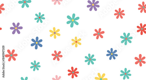 Vibrant scattered five petal flowers in red pink yellow teal blue purple hues bloom across a white background creating a colorful floral pattern.