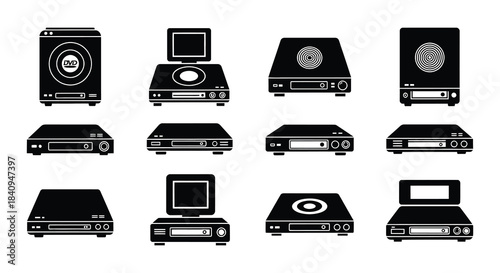 Black silhouette icons representing various vintage and modern media players
