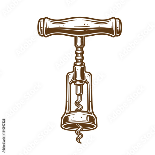 Detailed illustration of a vintage wooden corkscrew wine opener sketch style artwork