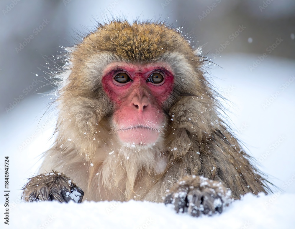 Fototapeta premium Close-up of a monkey's face peering out of a snow bank