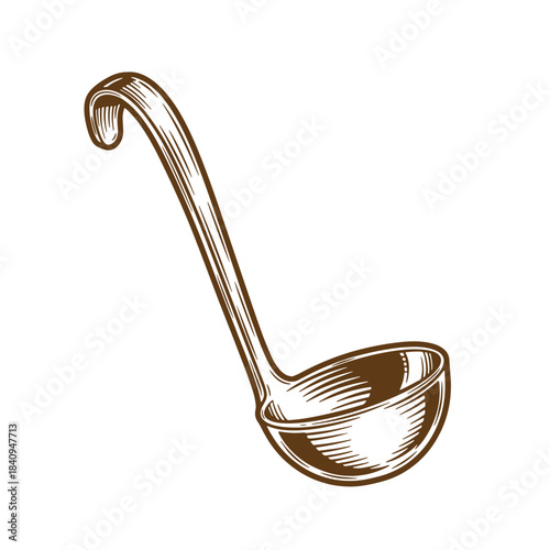 Detailed sketch illustration of a vintage ladle in brown color on a white background