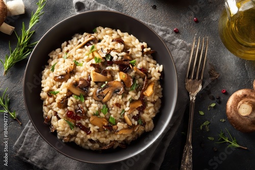 Rich risotto ai funghi porcini served in a dark bowl with herbs and mushrooms on a textured background