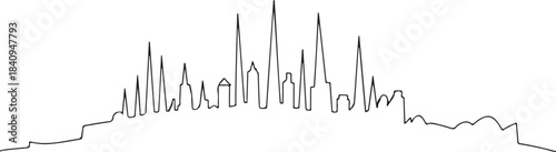 Continuous Line Skyline with Tall Needle Like Silhouette Spikes Minimal Artistic Illustration