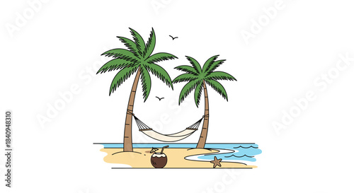 Two palm trees stand on a sunny beach with a hammock between them a coconut rests on the sand and gentle waves roll in under a clear sky as seagulls circle overhead.