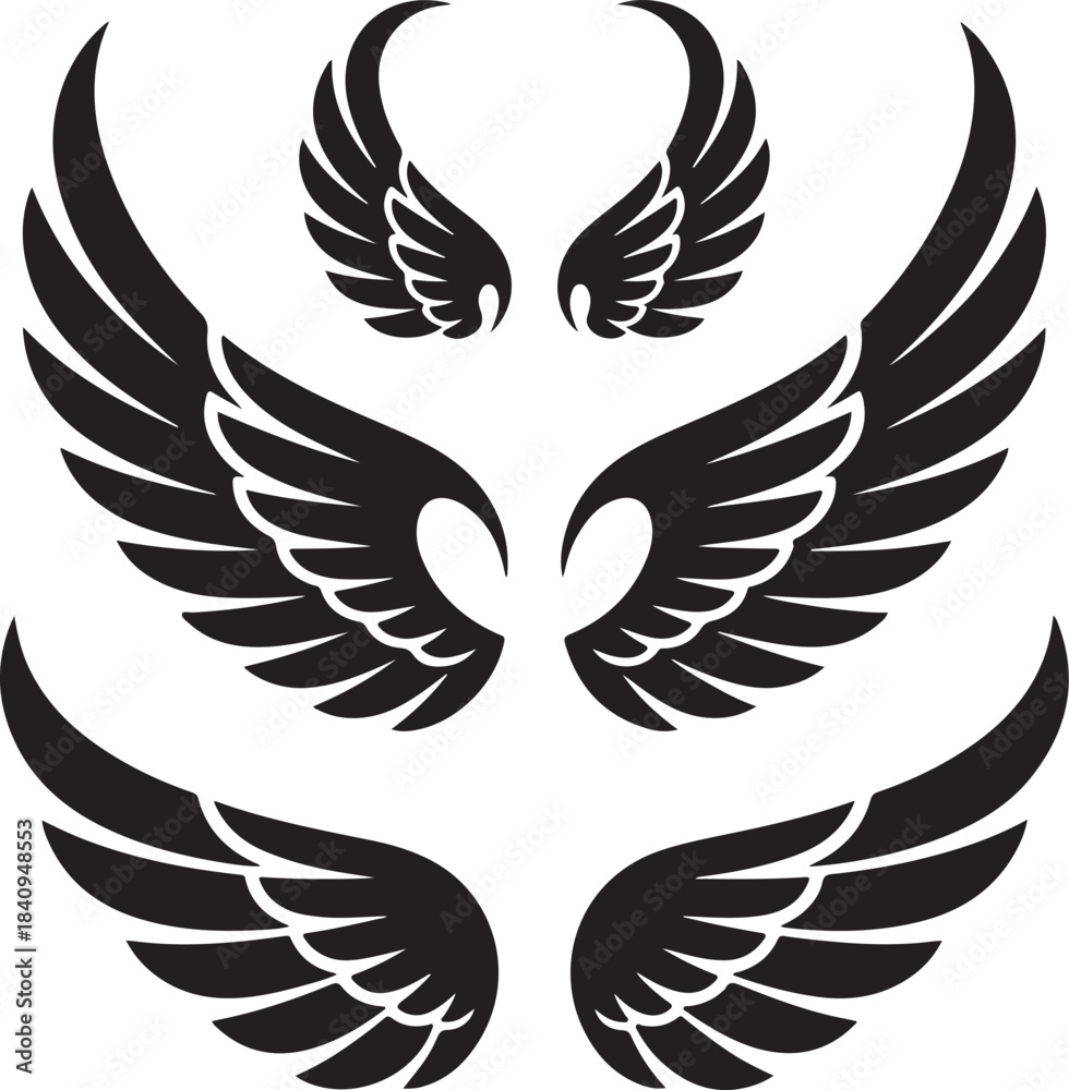 Fototapeta premium wings ornamental wing icons symmetrical feather silhouettes set