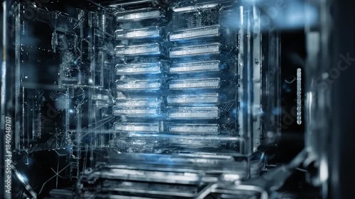 Abstract close-up of a complex, geometric, icy structure with layers and detail - Footage