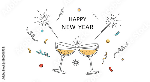 Two champagne flutes clink together as confetti streamers and fireworks celebrate a bright happy new year moment filled with festive cheers and warm wishes.