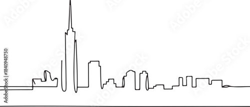 Continuous Line Skyline with Two Tier Rooftop Rhythm Minimal Artistic Illustration