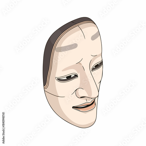 Traditional Japanese Noh Mask Flat Illustration Cultural Performance Art