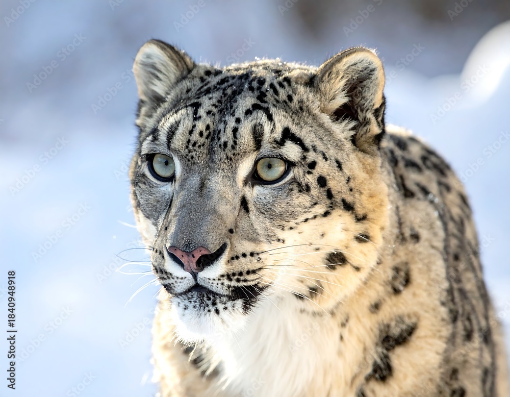 Naklejka premium Close-up of a snow leopard amidst winter snow, focused gaze