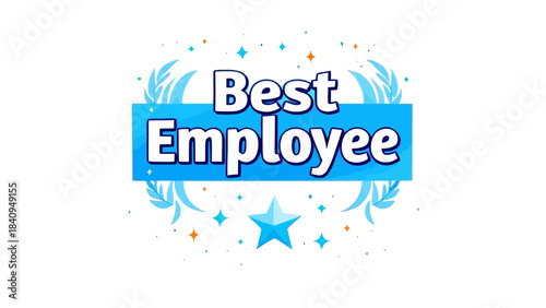 A bright blue Best Employee award graphic with bold lettering, star accents, and celebration sparkles. Clean and modern vector style suitable for corporate recognition and professional branding