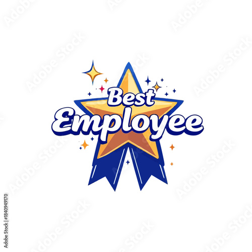 A bright blue Best Employee award graphic with bold lettering, star accents, and celebration sparkles. Clean and modern vector style suitable for corporate recognition and professional branding