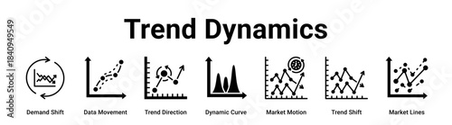 Trend Dynamics web banner icon vector illustration concept for business with icon of Demand Shift, Data Movement, Trend Direction, Dynamic Curve, Market Motion, Trend Shift.