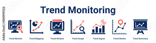 Trend Monitoring web banner icon vector illustration concept for business with icon of Trend Monitor, Trend Mapping, Trend Window, Trend Scope, Trend Signal, Trend Marker.