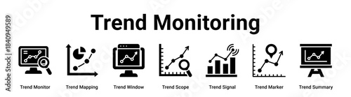 Trend Monitoring web banner icon vector illustration concept for business with icon of Trend Monitor, Trend Mapping, Trend Window, Trend Scope, Trend Signal, Trend Marker.