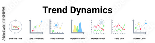 Trend Dynamics web banner icon vector illustration concept for business with icon of Demand Shift, Data Movement, Trend Direction, Dynamic Curve, Market Motion, Trend Shift.