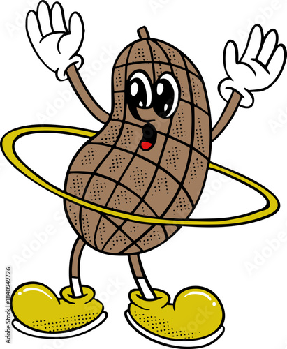 Peanut Mascot Doing Hula Hoop, Healthy Lifestyle Retro Groovy Cartoon Illustration