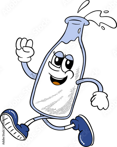 Running Milk Mascot, Healthy Lifestyle Retro Groovy Cartoon Illustration