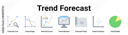 Trend Forecast web banner icon vector illustration concept for business with icon of Forecast Line, Trend Angle, Demand Curve, Trend Window, Forecast Panel, Trend Compass.
