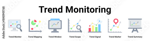 Trend Monitoring web banner icon vector illustration concept for business with icon of Trend Monitor, Trend Mapping, Trend Window, Trend Scope, Trend Signal, Trend Marker.