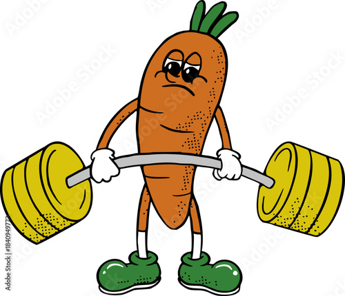 Carrot Mascot Doing Deadlift, Healthy Lifestyle Retro Groovy Cartoon Illustration