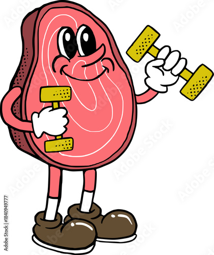 Beef Mascot Doing Bicep Curl, Healthy Lifestyle Retro Groovy Cartoon Illustration