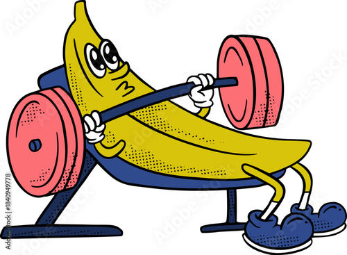Banana Mascot Doing Bench Press, Healthy Lifestyle Retro Groovy Cartoon Illustration