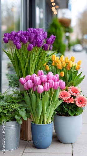 Colorful potted spring flowers decorating a florist shop entrance