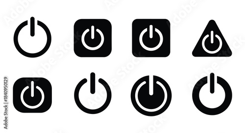 Collection of black power button icons in various shapes and designs