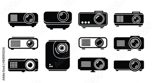 Variety of vintage and modern projector icons in a black and white arrangement