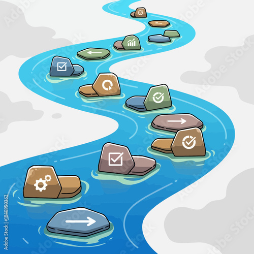 Business process roadmap with icons on river stepping stones.