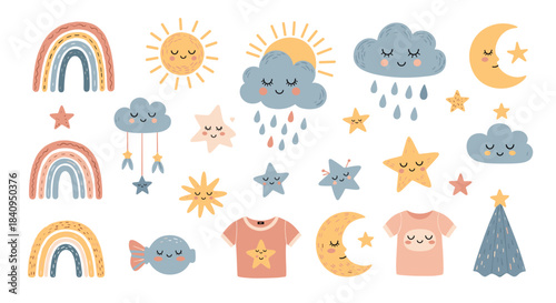 Playful pastel celestial and weather themed illustrations feature rainbows suns moons stars clouds rain drops and cozy clothing icons in soft colors.