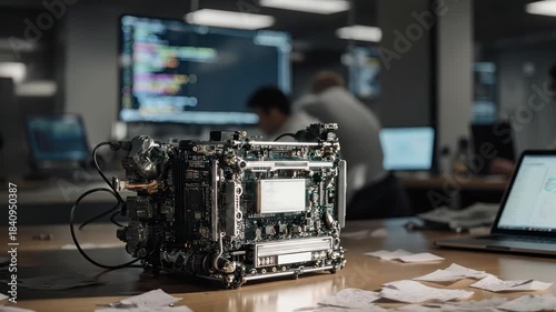 High-tech office setup featuring complex circuit board and working professionals in the background - Footage