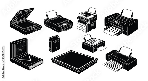 Variety of office printers and scanners in a monochrome illustration