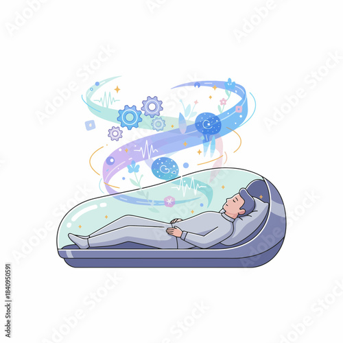 Peaceful man sleeping inside futuristic technological wellness capsule