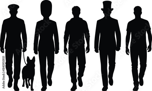 Silhouette lineup of diverse men walking forward including officer with dog, guard figure, casual man, and formal gentleman in various outfits