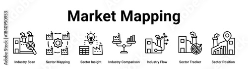 Market Mapping web banner icon vector illustration concept for Industry with icon of Industry Scan, Sector Mapping, Sector Insight, Industry Comparison, Industry Flow, Sector Tracker.