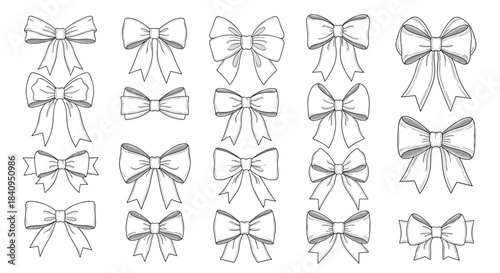 Orderly collection of black and white decorative bows drawn in fine line art style arranged in a grid for gift wrapping and design inspiration.