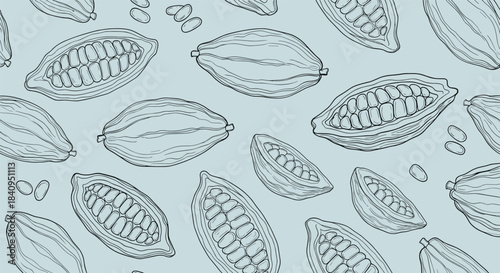 Seamless botanical pattern featuring hand drawn cacao pods and beans scattered across a cool blue background suitable for textiles and wallpaper design.