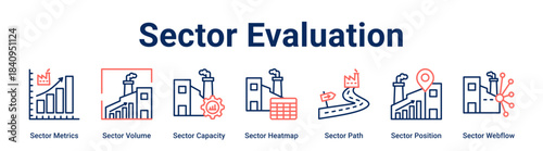 Sector Evaluation web banner icon vector illustration concept for Industry with icon of Sector Metrics, Sector Volume, Sector Capacity, Sector Heatmap, Sector Path, Sector Position.