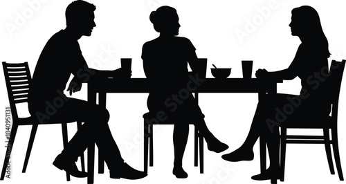 Silhouette of three people sitting at dining table eating and talking, depicting social interaction, family mealtime conversation, community gathering atmosphere indoors