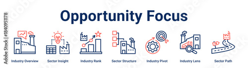 Opportunity Focus web banner icon vector illustration concept for Industry with icon of Industry Overview, Sector Insight, Industry Rank, Sector Structure, Industry Pivot, Industry Lens.