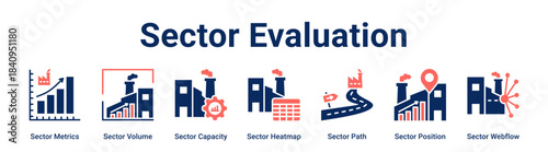Sector Evaluation web banner icon vector illustration concept for Industry with icon of Sector Metrics, Sector Volume, Sector Capacity, Sector Heatmap, Sector Path, Sector Position.