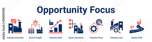 Opportunity Focus web banner icon vector illustration concept for Industry with icon of Industry Overview, Sector Insight, Industry Rank, Sector Structure, Industry Pivot, Industry Lens.