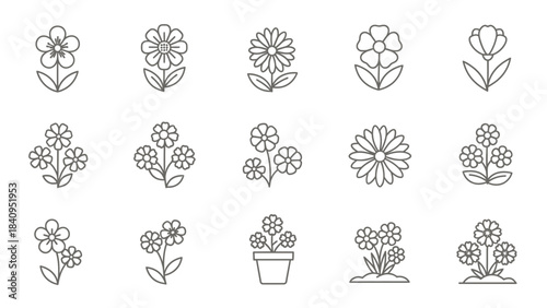 Collection of simple outline flower icons for minimalist garden themes