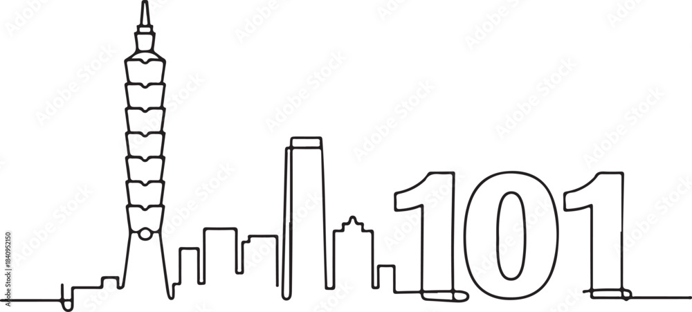 Obraz premium Continuous Line Taipei Skyline with City Blocks Leading to Taipei One Zero One Minimal Artistic Illustration