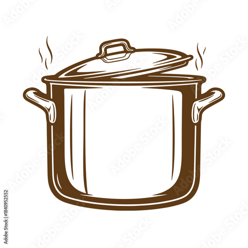 Vintage brown sketch illustration of a cooking pot with steam and partially open lid