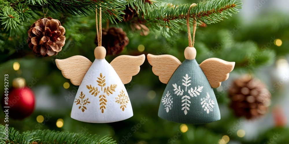 Naklejka premium White and green wooden angels hanging on Christmas tree