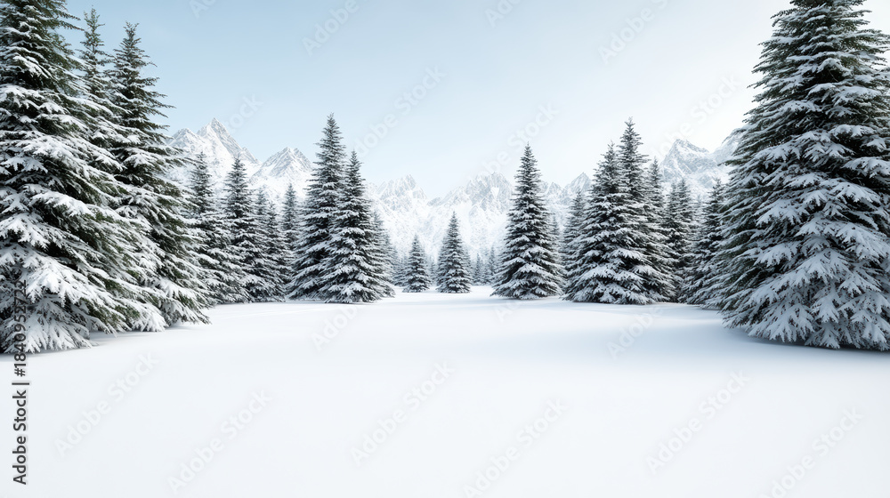 Obraz premium Snowy evergreen forest with distant mountain peaks evoking calm winter serenity