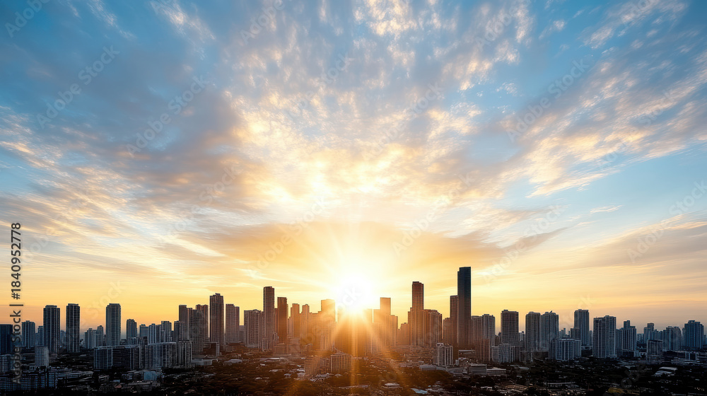 Fototapeta premium Sunrise skyline cityscape silhouette sunburst over modern highrise skyline with glowing sky
